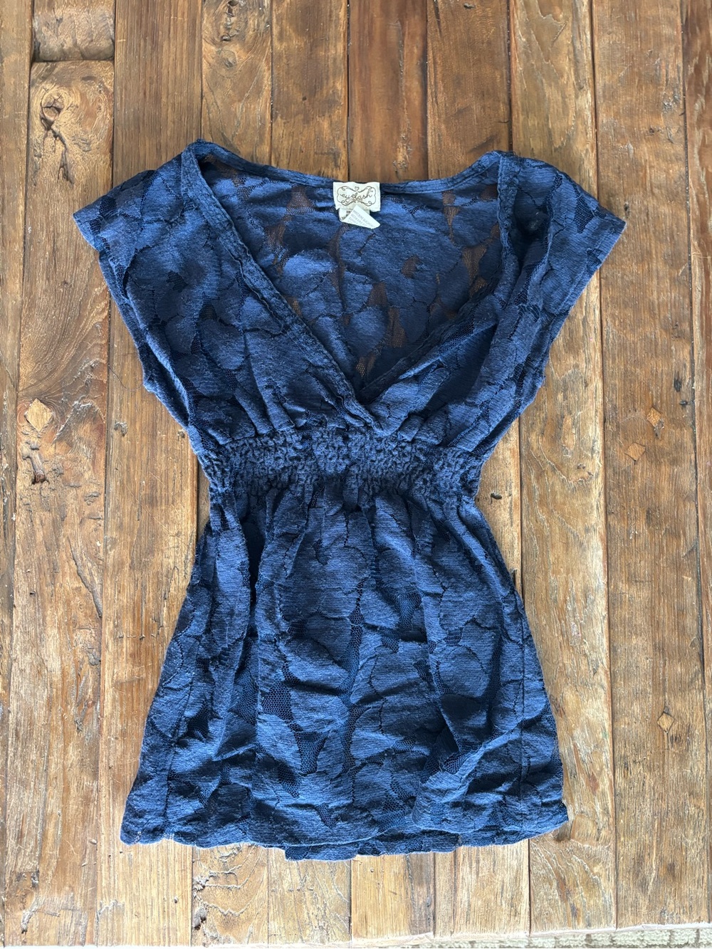 eyelash couture Navy Lace V-Neck Smocked Waist Top